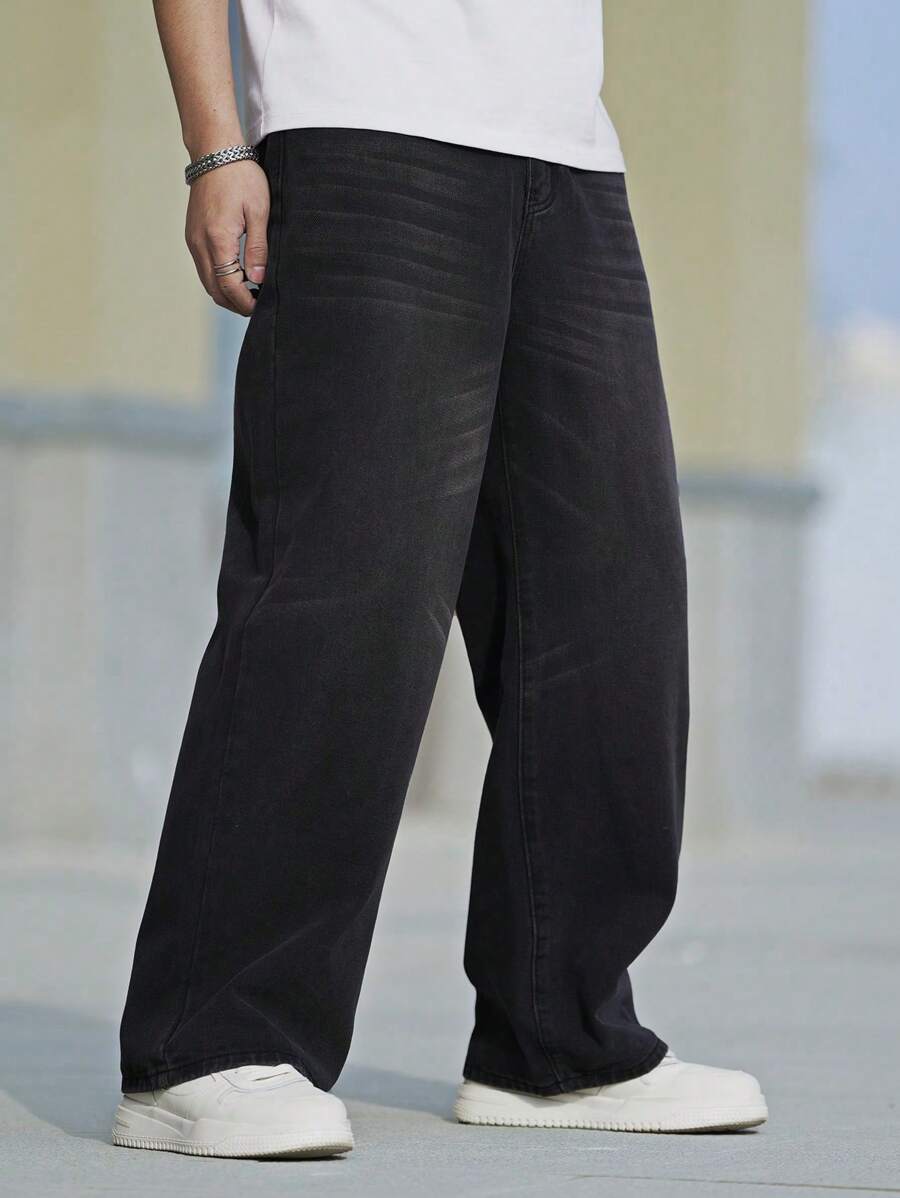 Manfinity Homme Pantalones vaqueros de pierna ancha de unicolor casuales con bolsillos, pantalones vaqueros anchos lisos de gran tamaño lavados negros tipo cargo, para regalos de esposo o novio