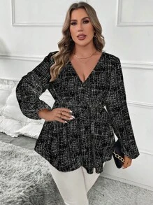 SHEIN Clasi 大码秋季休闲全印花灯笼袖收腰衬衫 - 黑色 - 查看 4