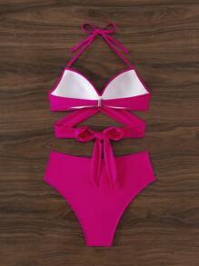 Swim Mod Summer Beach Women's Solid Color Simple Wireless Bikini Set - Hot Pink - View 7