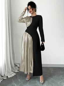 Selianne 1pc Women's Fashionable Elegant Contrast Color Patchwork Metallic Fabric Long Sleeve Dress Maxi Women Outfit - Multicolor - View 4