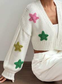 Flirla Cardigan court casual minimaliste à manches longues avec détail d'impression d'étoiles amusant - Multicolore - Voir 3