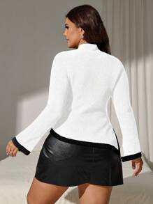 SHEIN Clasi Plus Size Asymmetric Hem Color Block Long Sleeve Pullover Sweater, Knit Pullover Fall Winter - White - View 2
