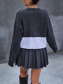 EURMUSE Casual Rib Knit Gola Redonda Manga Longa Bolso Camisa Detalhada Suéter - Cinza - Ver 2