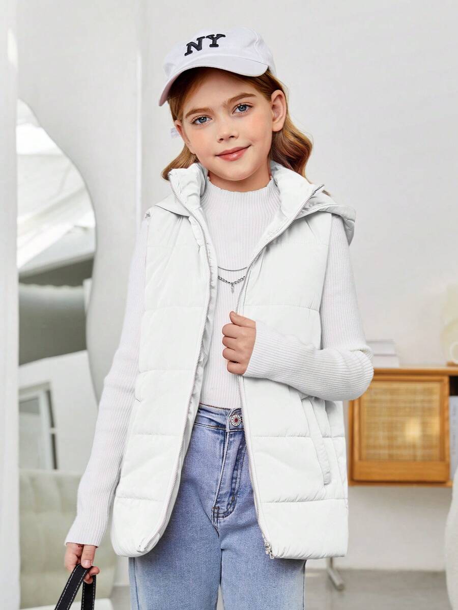 SHEIN Tween Girl Woven Hooded Sleeveless Casual Vest - White - View 1