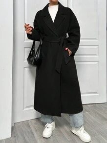 EURMUSE Lapel Neck Double Breasted Slant Pocket Waist Belt Tie-Up Woolen Overcoat
