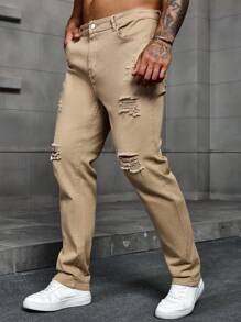 Manfinity Homme Men's Pockets Distressed Straight Loose Casual Versatile Denim Jeans - Khaki - View 3