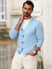 Manfinity Mode Áo khoác cardigan dệt kim cài nút phía trước màu trơn cho nam, mặc mùa thu đông, tay dài - Màu xanh nhạt - Xem 6