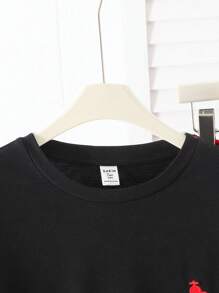 SHEIN 青少年男孩简约图案印花长袖 T 恤和格子直筒裤两件套睡衣套装 - 紅色 - 查看 6