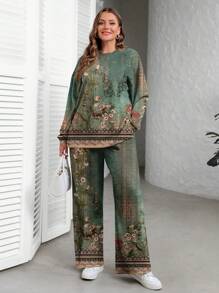 EMERY ROSE Vintage Floral Print Casual Minimalist Plus Size Sweatshirt Set, Spring & Autumn