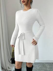 Chiquease 1pc Solid Color Fitted A-Line Midi Length Flare Sweater Dress