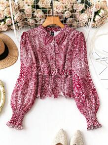 SHEIN Clasi Chemise à manches lanternes à imprimé cachemire, avec nœud à l'ourlet, pour femmes grandes tailles, printemps/automne