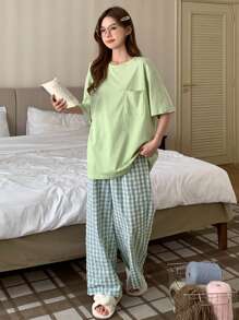 DAZY Set Of Round Neck T-Shirt Top And Plaid Pants Casual Loungewear Pajama