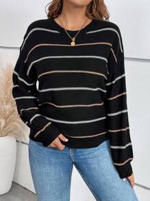 SHEIN LUNE 加大码条纹落肩毛衣，适合秋冬季节穿着，保暖舒适。 - 黑色 - 查看 6