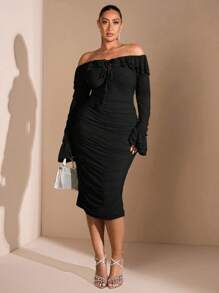 SHEIN BAE Plus Size Fall Sweet Sexy Elegant Woman Green Off Shoulder Ruffle Gathered Long Sleeve Mid-Length Dress Party Dress Wedding Guest Dress Sweet Dress Sexy Women Outfits Fall Clothes Sexy Women Dresses Elegant Women Dresses