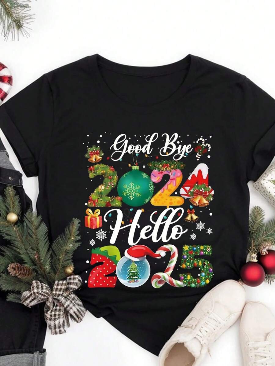 SHEIN LUNE 圣诞节圆领短袖，女式加大码短袖 T 恤，带口号铃铛图案，适合春夏季图案 T 恤女式上衣 - 黑色 - 查看 1