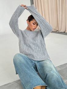 Flirla Women Casual Solid Color Drop Shoulder Loose Cable Knit Pullover Sweater, Autumn/Winter Knit Pullover Fall Outfit