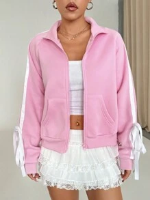 SHEIN Unity 白色蝴蝶结领短款女士运动休闲夹克，芭蕾风格