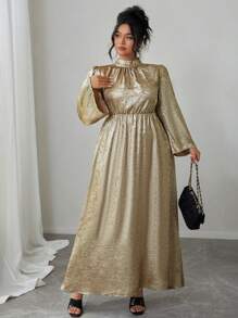 Celure Plus Size Elegant Metallic Flared Sleeve Dress, Autumn For New Year Holiday Party Clothes Maxi Women Outfit