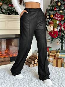 SHEIN EZwear Women's Elegant Shiny Slim Fit Pocket Pants - Black - View 5