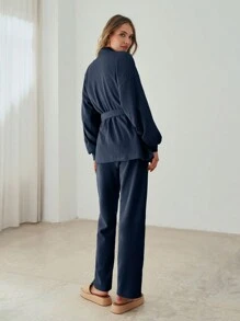 SHEIN Cottnline Cotton Drop Shoulder Belted Coat & Pants - Navy Blue - View 2