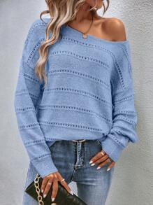 EMERY ROSE Einfarbiger Boot-Ausschnitt Lässig vielseitiger Langarm Pullover Strickpullover Herbst Winter - Blau - Übersicht 4