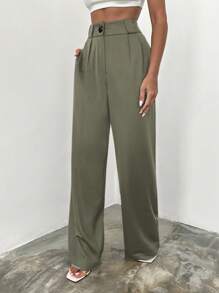 SHEIN Cottnline 纯棉高腰阔腿西装裤 - 軍綠色 - 查看 1