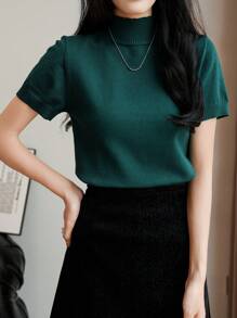 EMERY ROSE 1 件女式休闲纯色高领修身短袖针织上衣，秋季 - 墨綠色 - 查看 4