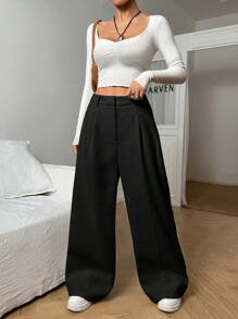 SHEIN EZwear 女士纯色简约款宽松阔腿裤 - 黑色 - 查看 3