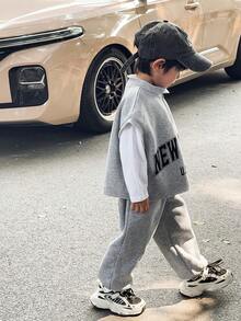 Bộ 2 sản phẩm/bộ áo chui đầu cổ tròn in chữ phong cách Hàn Quốc giản dị cho bé trai và quần nỉ màu trơn, thích hợp mặc đi học, làm vườn, đi biển, sinh nhật, xuân/hè/thu/đông - Xám - Xem 3