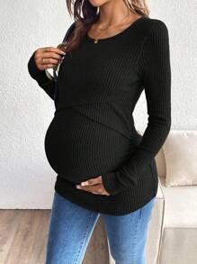 SHEIN Pregnant Women Solid Color Round Neck Long Sleeve Ribbed Nursing Top, For Maternity - Black - View 8