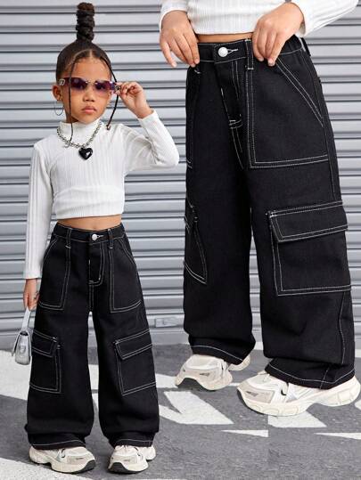 SHEIN 年轻女孩 Y2K 黑色牛仔阔腿裤，撞色拼接黑色宽松阔腿宽松牛仔裤，街头酷炫风格衣服