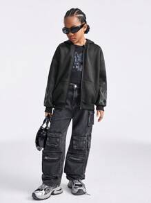 SHEIN Tween Girls' Sequin Panel Zip-Up Hooded Sweatshirt In Black - Black - View 7