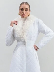 CLARA VERO Long Padded Coat With Patchwork And Collar, Fur Details, Quilting Fabric - White - View 4