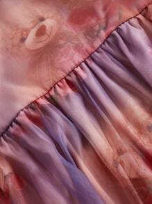 SHEIN MOD Plus Size Dreamy Princess Rose & Bear Print Puff Sleeve Bow Detail Dress, For Dates, Birthday