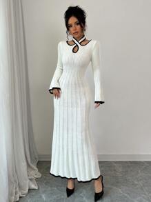 Chiquease Women Contrasting Trim Hollow Out Long Sleeve Long Knitted Sweater Dress, Elegant