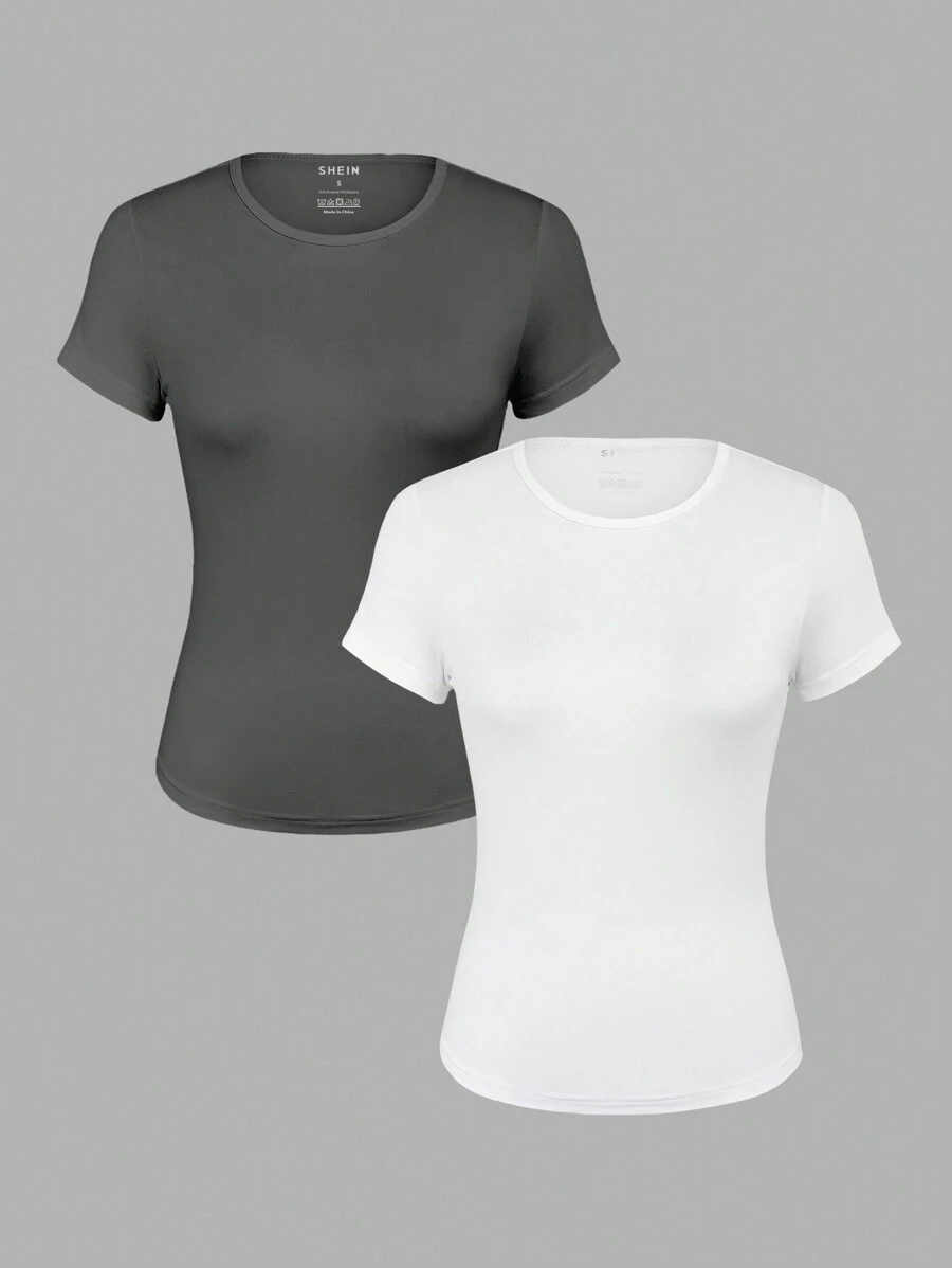 INAWLY Women's Solid Color Crew Neck Ruched Slim Fit Short Sleeve T-Shirt For Summer - Multicolor - View 1