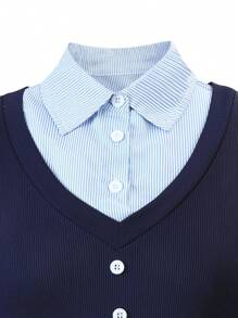Conjunto de 2 piezas para niñas preadolescentes: Blusa con cuello y pantalones formales, estilo elegante universitario - Azul Marino - Ver 6