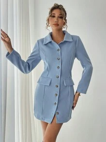 Chiquease Vestido de tweed de manga larga con cuello, bolsillo decorativo y diseño para dar forma a la cintura para mujeres