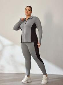 Easithlete Plus Size Color Block Zipper Cardigan I Legginsy Zestaw Sportowy Garnitur, Jesień