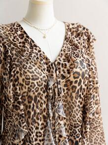 Soleia Plus Size Women's Fall Back To School/Vacation Floral & Leopard Print Ruffle Trim Long Sleeve Top - Multicolor - View 4