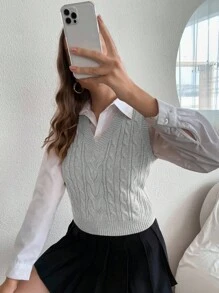 Chiquease Women Solid Color V-Neck Casual Vest Sweater, For Autumn/Winter - Grey - View 5