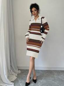 Chiquease Robe pull ajustée à manches longues avec imprimé de rayures contrastées pour femmes - Multicolore - Voir 5