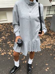 SHEIN EZwear Women Casual Pleated Hem Sweatshirt Dress For Autumn/Winter - Grey - View 4
