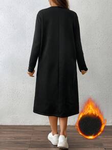 SHEIN LUNE Plus Size Women Dandelion Print Thermal Lined Crew Neck Long Casual Dress, Warm And Cozy For Outdoor & Daily Wear, Autumn/Winter