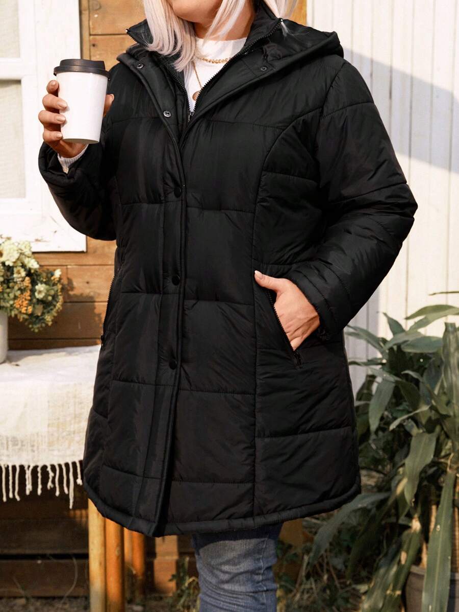 Plus Size Plain Front Zip Up Long Sleeve Casual Padded Coat - Black - View 1