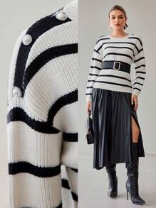 MOTF STRIPED PATTERN DROP SHOULDER OVERSIZE BUTTON DETAIL SWEATER WITHOUT BELT
