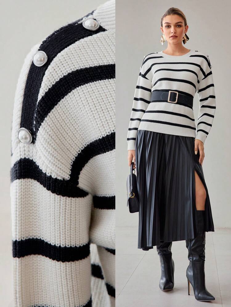STRIPED PATTERN DROP SHOULDER OVERSIZE BUTTON DETAIL SWEATER WITHOUT BELT