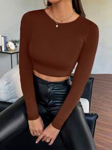 RueChic Women's Solid Color Round Neck Long Sleeve Minimalist Casual Top - Coffee Brown - View 3