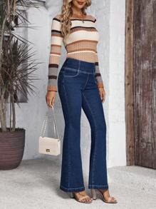 SHEIN LUNE 女式休闲喇叭牛仔裤，带口袋 - 藍色 - 查看 3