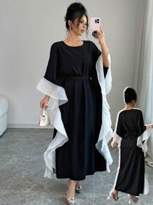 Rafferiza Women's Round Neck Long Sleeve Loose Spliced Organza Ruffled Hem Colorblock Cinched Waist Elegant Long Casual Dress Maxi Women Outfit